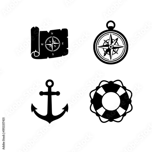 Nautical icons set with compass, anchor, lifebuoy and map vector illustration