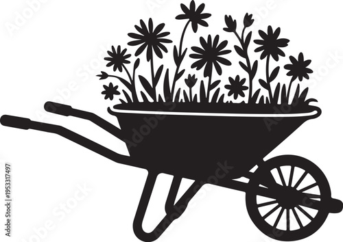 Black silhouette wheelbarrow with flowers gardening