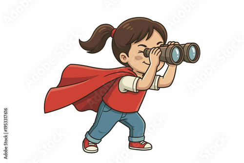 Girl squinting into binoculars