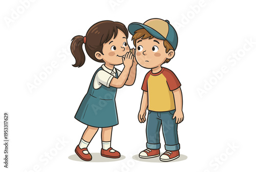Girl whispering secret to boys ear wearing cap in playful scene  