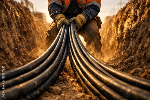 Worker Pulling Cables at Dawn Construction Site Photographic Content Early Morning Environment Ground Level Viewpoint Industrial Concept