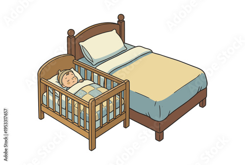  Infant sleeping in sidecar crib next to parent's bed in cozy bedroom setting  