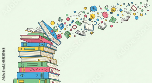 Colorful books stacked high with educational icons and symbols flying out representing learning and knowledge