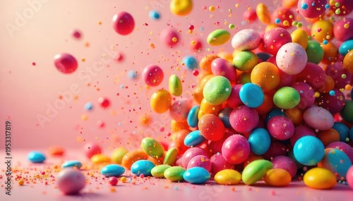 A chaotic scene of colorful candies swirling and colliding in mid-air, a vibrant explosion of sugary delights against a bright background , sweets, candy flurry, sweet treat