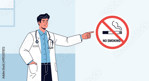 Doctor pointing at no smoking sign.