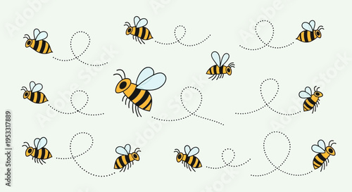 Group of flying honey bees together.