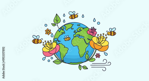 Earth Globe with Flowers and Bees.