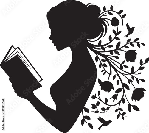 Black silhouette woman reading book with floral flowers
