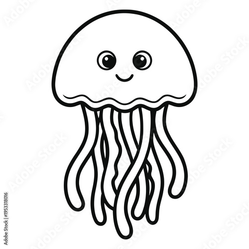 Cute smiling jellyfish with long tentacles swimming freely