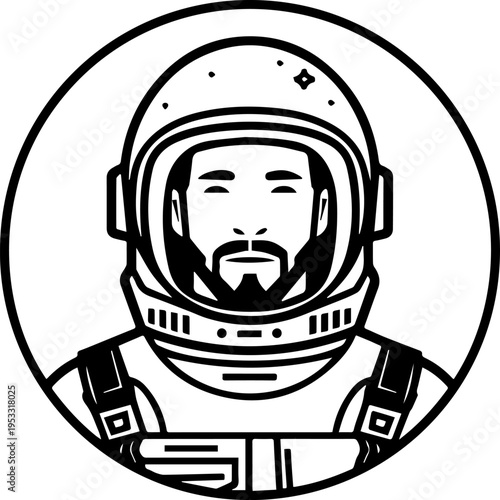 Hand Drawn Male Astronaut Black and White Avatar Illustration in Minimal Line Art Style Design