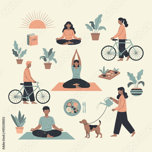 People doing yoga and cycling outdoors.