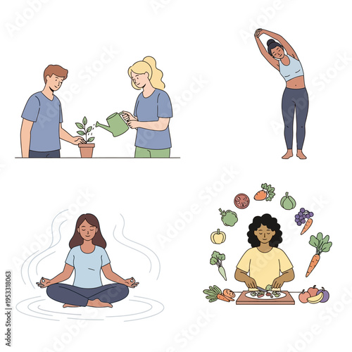 People doing yoga and healthy activities.