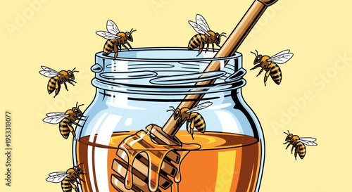 Honey bees collecting golden honey liquid.