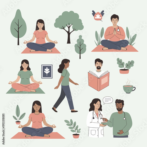 People doing yoga and meditation.