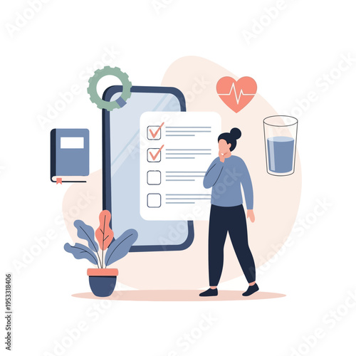 Woman checks mobile phone screen list.