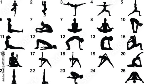 Yoga Pose Silhouette Collection with 25 Asanas for Meditation, Stretching, Flexibility, Balance Training and Healthy Fitness Lifestyle Practice