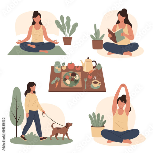 Woman doing yoga with dog and tea.