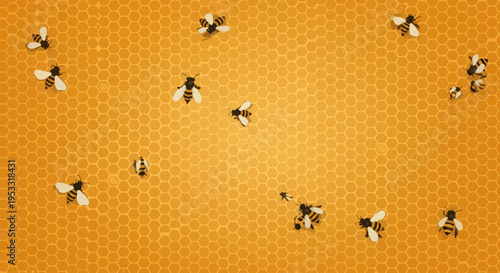 Honeybees on honeycomb surface closeup.