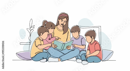 A woman reads a book to three children sitting on floor together in a cozy home environment with soft lighting