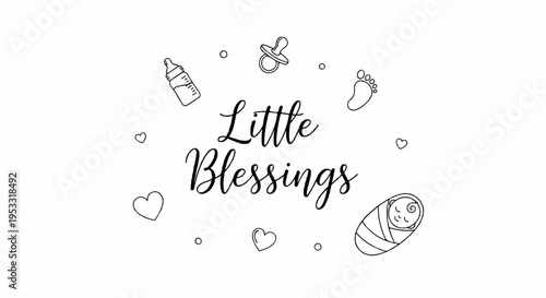 Baby shower invitation card with little blessings text and cute baby icons