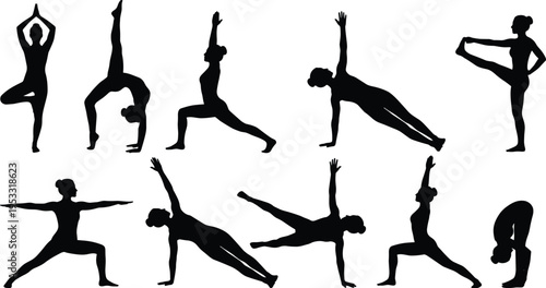 Yoga Pose Silhouette Collection Featuring Balance, Stretching and Flexibility Asanas for Fitness Training, Wellness Lifestyle and Mindfulness Practice