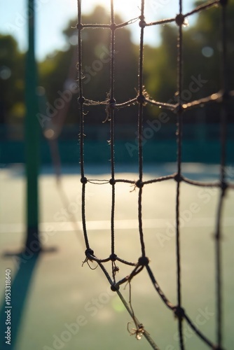 Sun-Drenched Volleyball Net Ready for Action, Close-up of Intricate Weave, Sporty Lifestyle Image