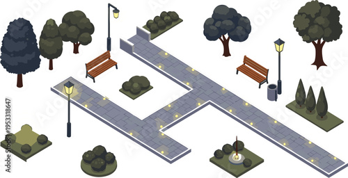 Isometric Park Pathway Set Featuring Benches, Street Lamps, Trees, and Greenery for Outdoor Designs