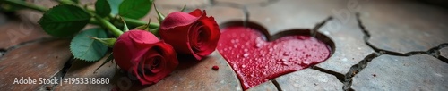 A close-up shot of a wilting bouquet of red roses, thorns prominent, lying on a cracked, heart-shaped tile; a subtle metaphor for deceitful affection , grief, loss, passion