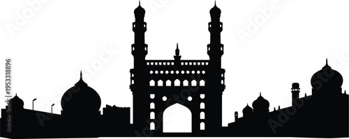 Black silhouette of Charminar monument and Hyderabad city skyline landmarks