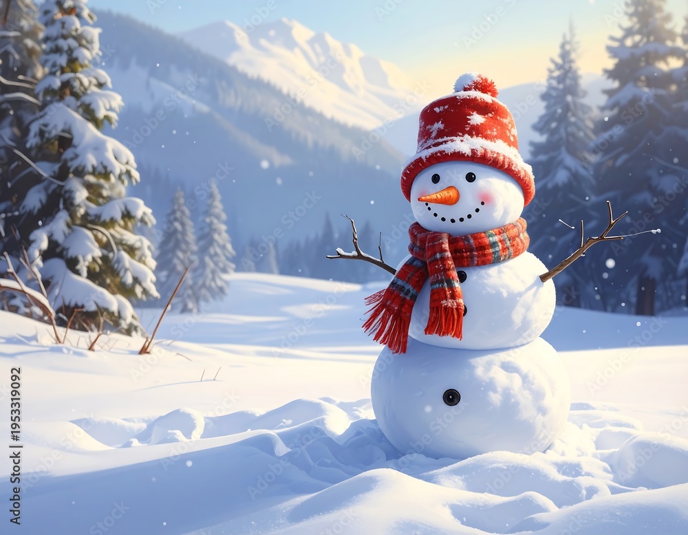 Obraz premium A snowman in a snowy forest with mountains