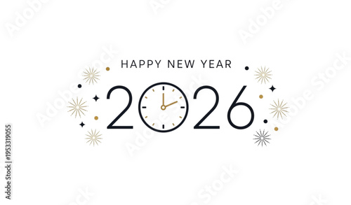 A modern vector graphic design for Happy New Year 2026 with clock and fireworks
