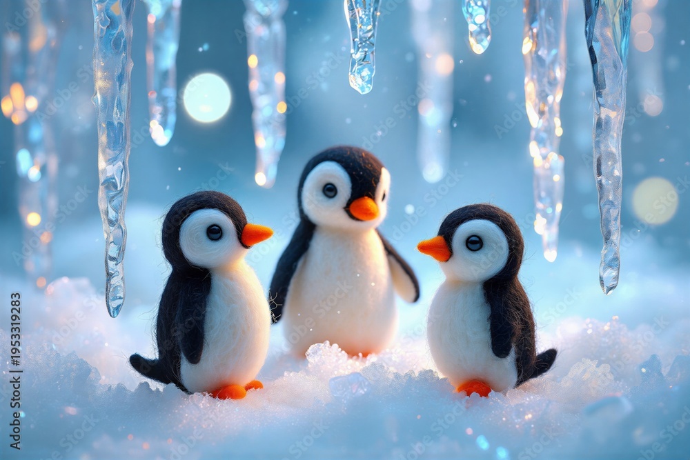 Fototapeta premium Three Adorable Baby Penguins Standing Together in a Snowy Winter Wonderland with Icicles Overhead