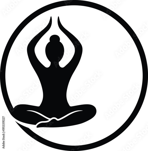 Yoga Meditation Silhouette Logo with Woman in Lotus Pose and Raised Hands Circle Symbol for Wellness and Mindfulness