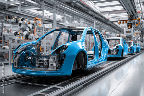 Automotive engineering car factory vehicle assembly blue car body production line automation robotics metal frame modern industry transport