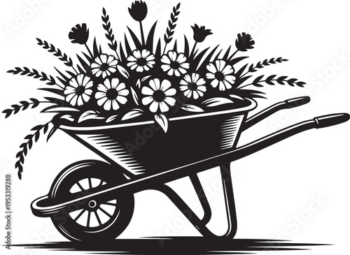 Black wheelbarrow filled with flowers and leaves white