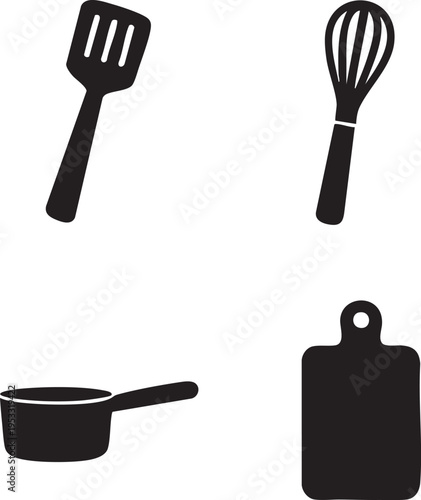 Kitchen Utensils, Cooking Tools, Black Icons, Vector Set of 4