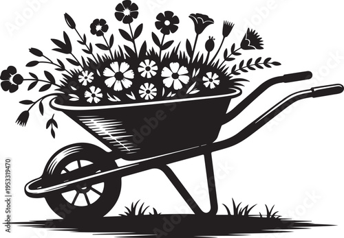 Black wheelbarrow filled with flowers gardening black and white
