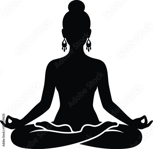 Woman Yoga Meditation Silhouette in Lotus Pose with Mudra Hands for Mindfulness, Relaxation, Spiritual Balance and Wellness Lifestyle