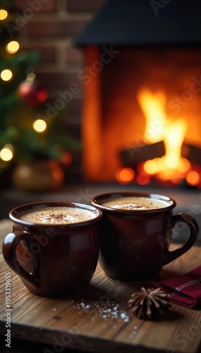 A cozy scene of two mugs of hot chocolate warming on a rustic wooden table next to a crackling fireplace, perfect for a romantic evening , texture, delicious