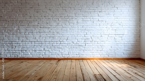 Empty Room With White Brick Wall and Wooden Floor.