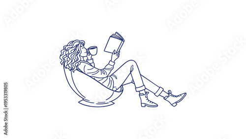 Blue Line Art Vector Illustration of a Woman Relaxing with a Book and Coffee in a Chair