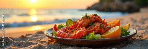 A delicious seafood feast enjoyed on a sandy beach at sunset, with vibrant colors and fresh ingredients , sunset, vacation, mussels