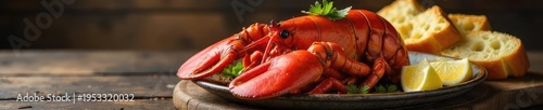 A delicious lobster dinner is served on a rustic wooden table, complete with butter, lemon wedges, and a side of freshly-baked bread Enjoy this delectable seafood feast!, appetizing, gourmet, lemon