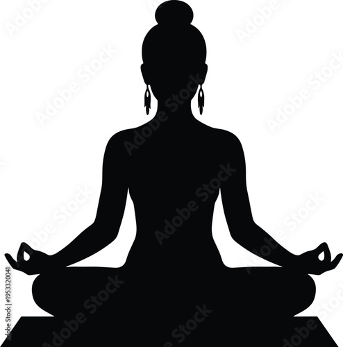Woman Meditating in Lotus Pose Yoga Silhouette on Mat with Mudra Hands for Mindfulness, Relaxation and Wellness Lifestyle