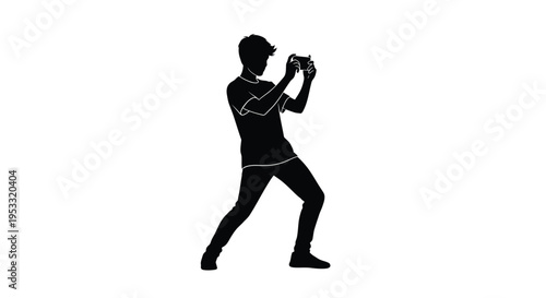 Black silhouette illustration of a young man intensely focused on playing a mobile video game using his smartphone.