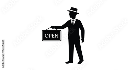 Silhouette of a formally dressed businessman wearing a fedora hat holding up an open sign for entry