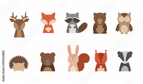Minimal Cute Forest Animal Icons Set Flat Cartoon Wildlife Vector