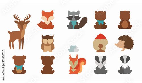 Cute Forest Animals Cartoon Icons Set Deer Fox Bear Owl Flat Vector