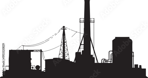 Industrial plant silhouette with power lines and smokestack