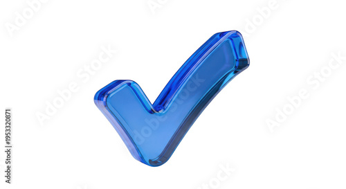 A shiny blue glass check mark symbol representing a successful task completion or positive approval